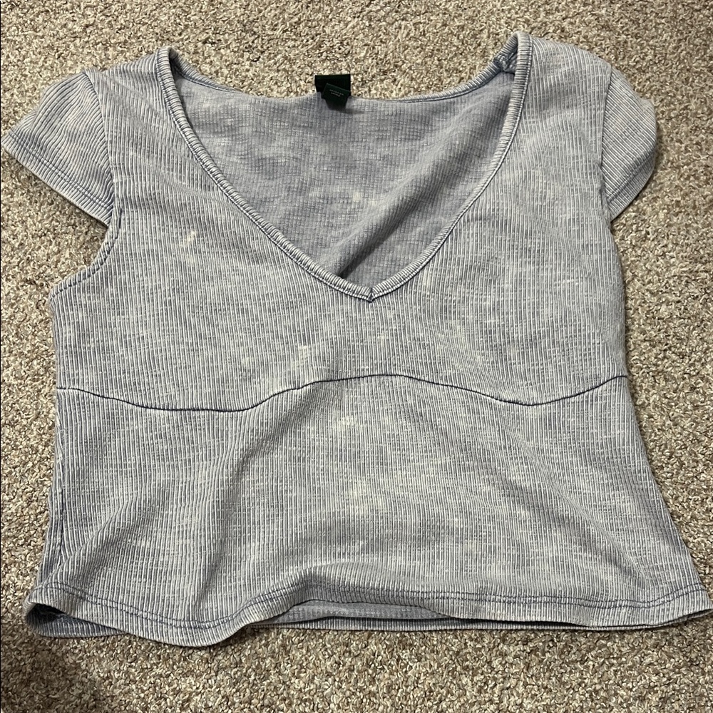 Gray Ribbed V-Neck Women's Top